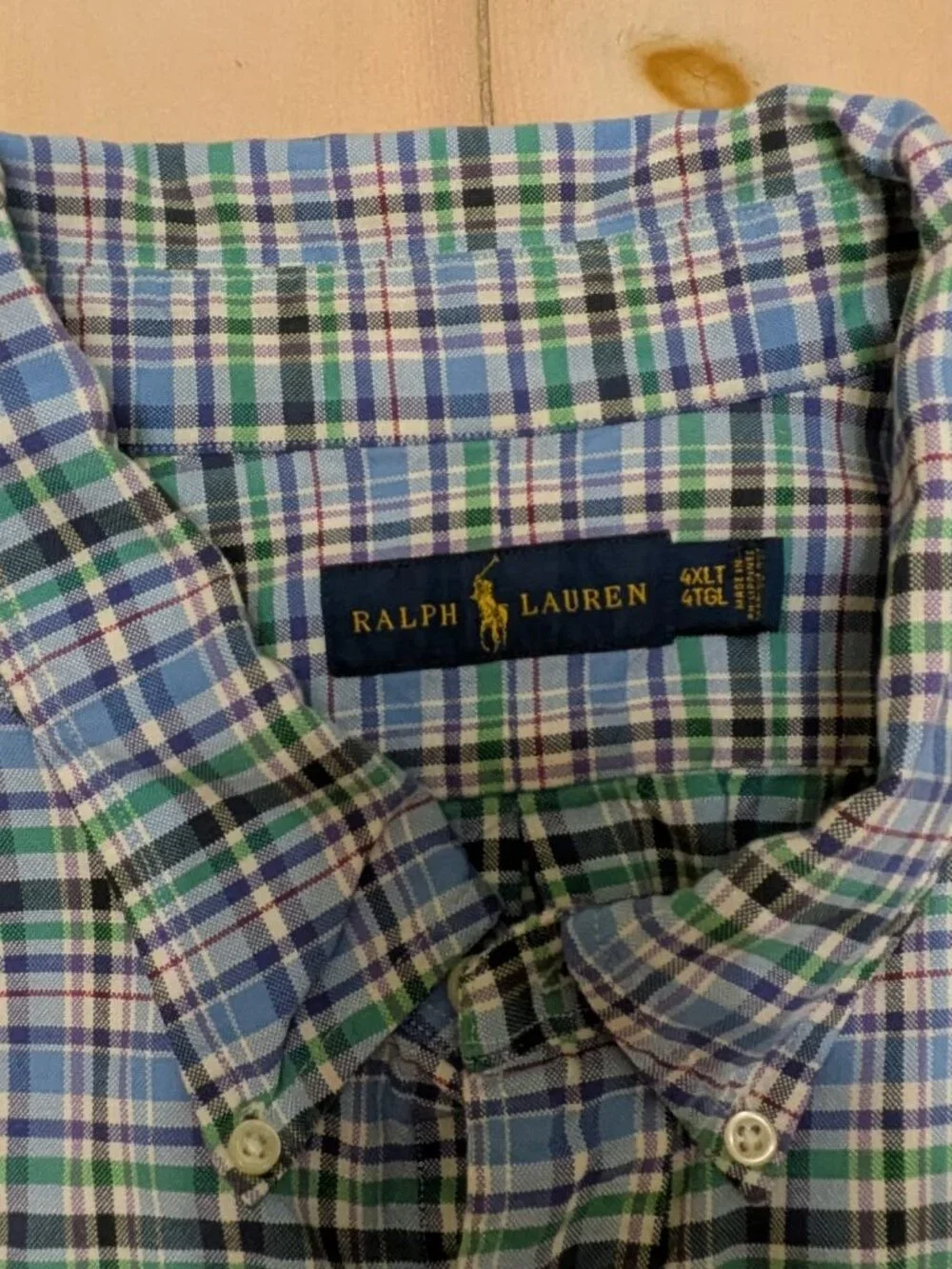 Ralph Lauren Men's 4XLT Blue Green Plaid Button Down Shirt 100% Cotton